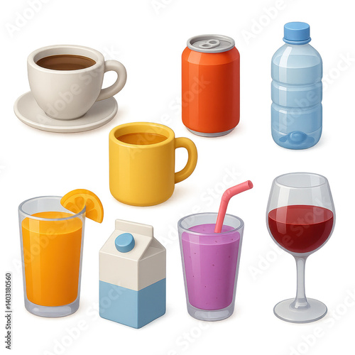 3d beverage icons set: coffee, juice, wine, water, soda, milk, tea, smoothie