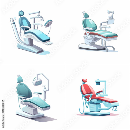 Four different dental chairs depicted in a set.