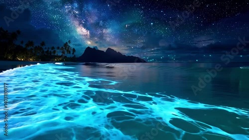 Bioluminescent Ocean Waves Under Starry Milky Way Sky