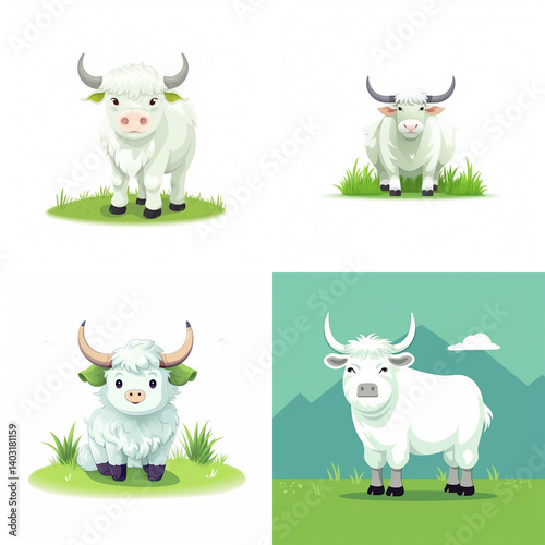 Four stylized depictions of a yak.