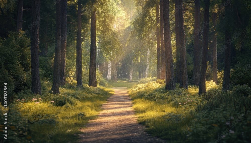 Fototapeta premium Sunlight filtering through a tranquil forest path.
