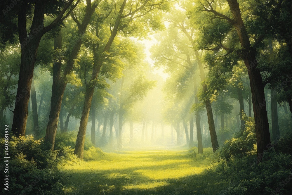 Naklejka premium Lush forest path bathed in golden sunlight.