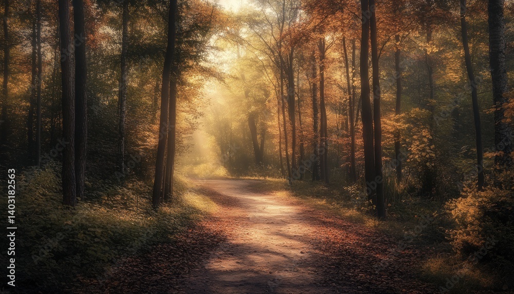 Obraz premium Golden sunlight streams through autumn forest path.