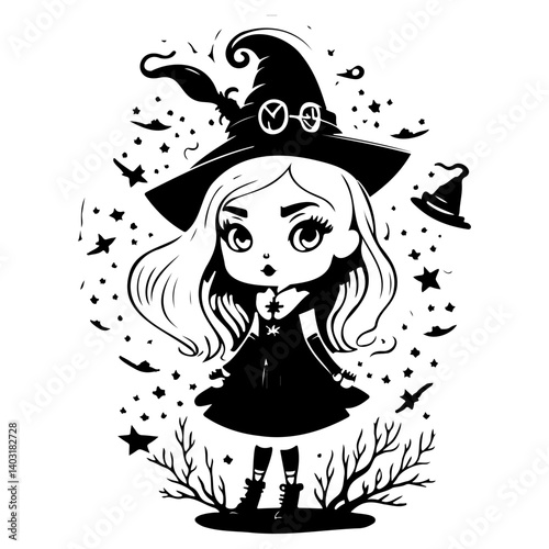 Mystical Little Witch Vector Black and White Art