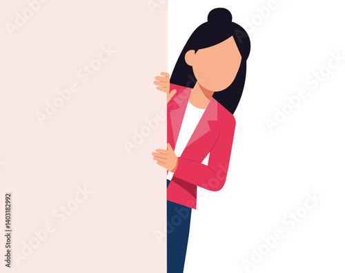 WebFlat vector illustration of a cheerful young businesswoman peeking behind a wall with curiosity, surprise, and discovery expressions. Perfect for blog posts, marketing visuals, attention 