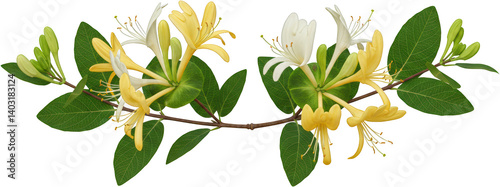 Vibrant Honeysuckle Blossom Branch with Yellow and White Flowers Lush Green Leaves
