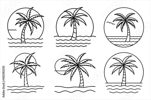 Set of palm tree with sea beach line art vector icon illustration on white background.