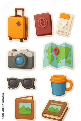 Essential 3d travel icons set: suitcase, passport, ticket, map, camera, and more