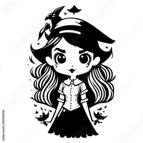 Whimsical Witchling Artwork in Black and White