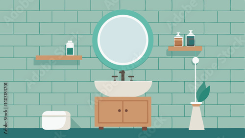 A small bathroom with white subway tiles a light wood vanity and a round mirror on the wall.