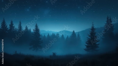 Night, misty forest, mountains, starry sky, serenity, nature, background, wallpaper, design