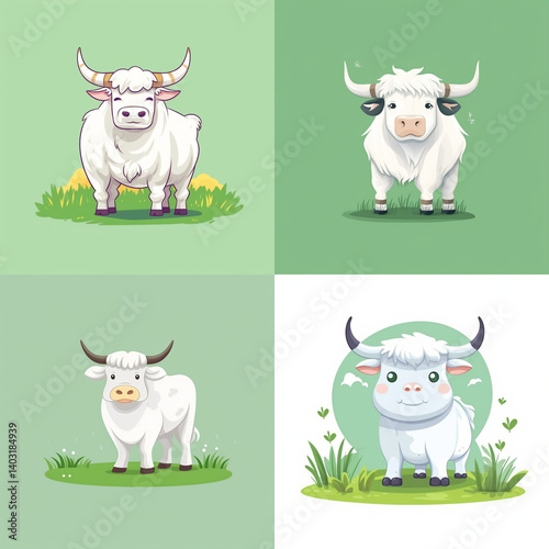 Four adorable yak illustrations on a light green background.