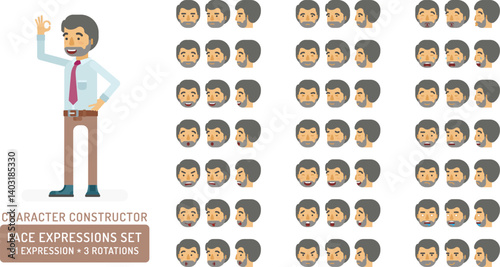 Vector young adult man in office shirt and pants character face expressions set in flat style: front, half-side and side view.