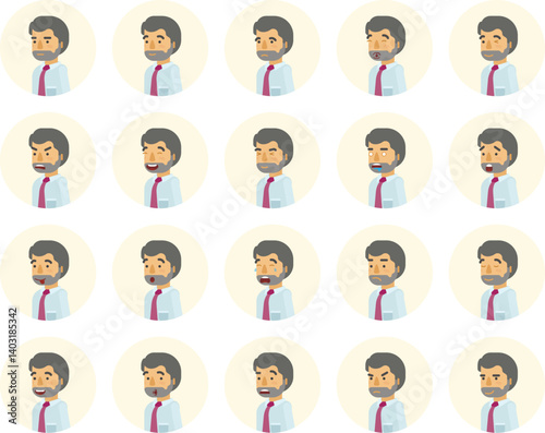 Vector young adult man avatars and emoticons set in flat style, front view.