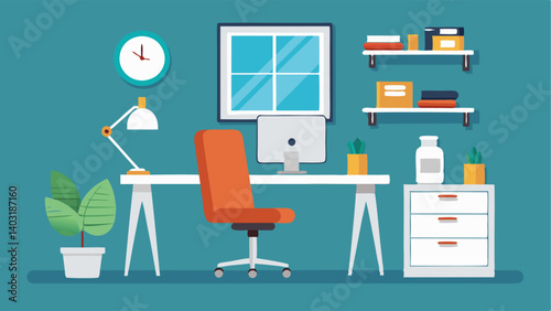 A small home office with a sleek white desk a leather desk chair and a few essential office supplies.