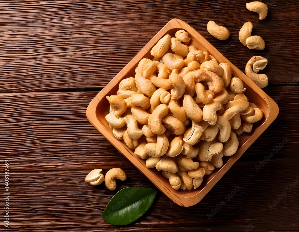 cashew nuts peeled roasted in square bowl on rustic table, cashew nuts peeled roasted in square bowl on rustic table,