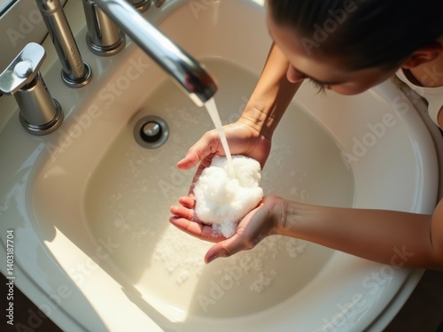 Mujer lavándose las manos con jabón espumoso