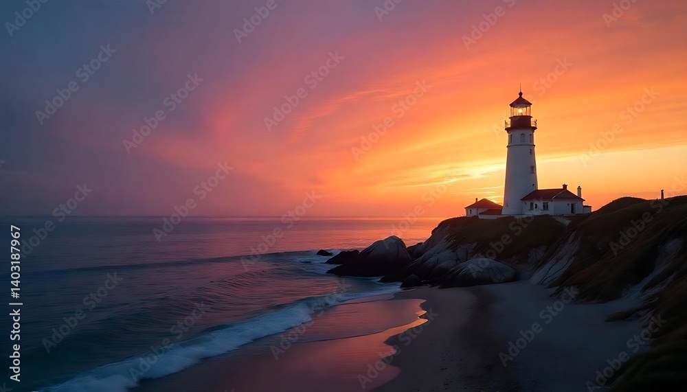 Coastal Lighthouse Sunset Cliffs Ocean Waves, lighthouse on the coast at beautiful dawn background, created with generative ai Coastal Lighthouse Sunset Cliffs Ocean Waves, lighthouse on the coast at beautiful dawn background, created with generative ai