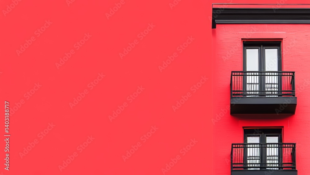 Obraz premium An eye-catching view of modern red apartment buildings with elegant balconies, contrasted against a dynamic gradient background