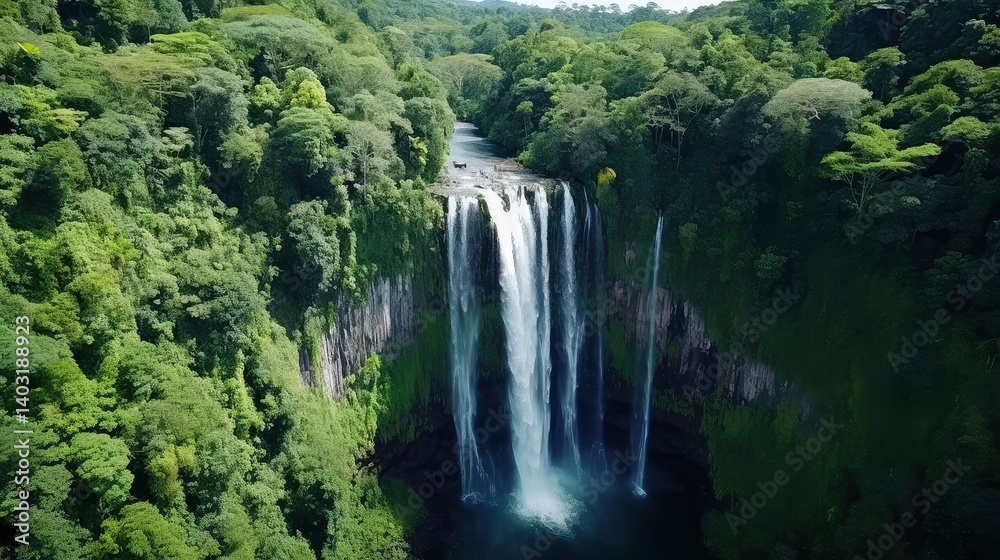 Naklejka premium Majestic Waterfall Cascading Through Lush Rainforest Canopy - Aerial View