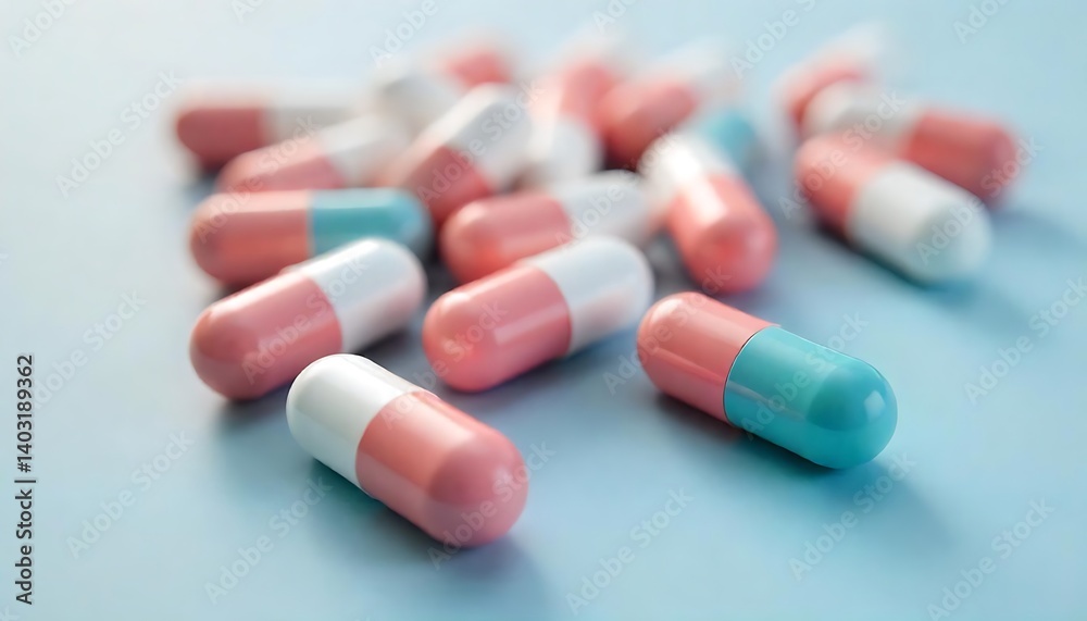 Group of antibiotic pill capsules. Healthcare and medical concept, Medicine background, created with generative ai Group of antibiotic pill capsules. Healthcare and medical concept, Medicine background, created with generative ai