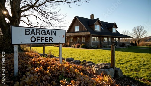 Charming house promoting bargain offer in sunny outdoor setting -  