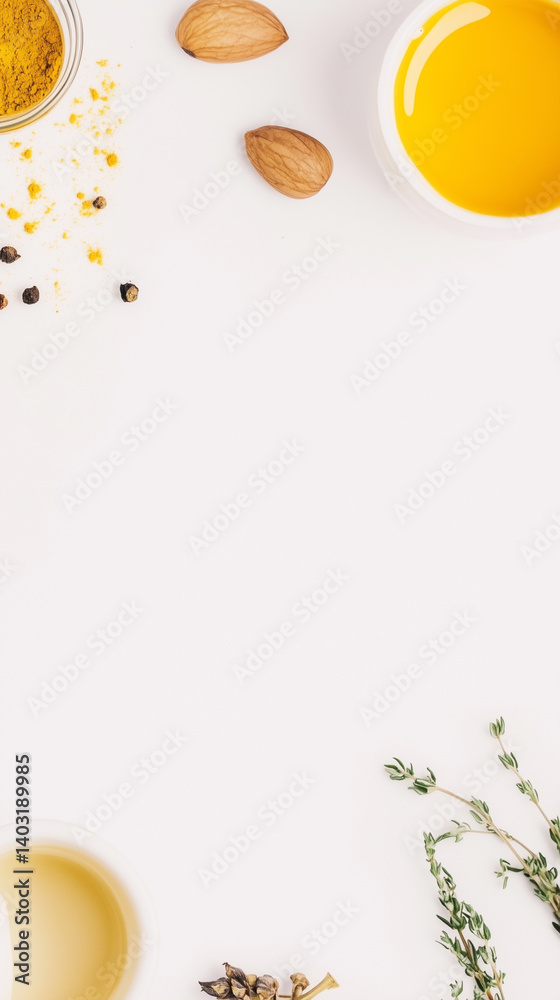 Flat Lay with Turmeric, Almonds, and Herbal Wellness Ingredients Flat Lay with Turmeric, Almonds, and Herbal Wellness Ingredients