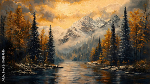 A serene mountain lake scene in autumnal twilight, with snow-capped peaks.