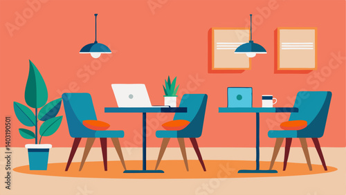 A seating area with tables and chairs perfect for visitors to work on laptops or fill out forms.