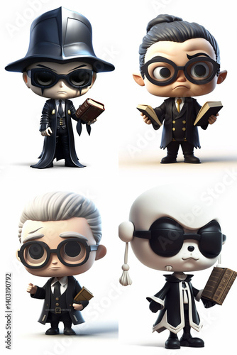 Four stylized, miniature characters, dressed in formal attire, holding books.