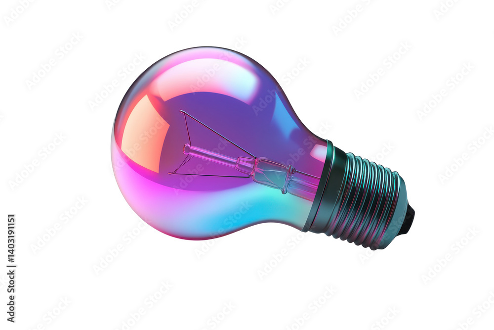 A vibrant lightbulb with iridescent colors resting on surface in a studio setting A vibrant lightbulb with iridescent colors resting on surface in a studio setting