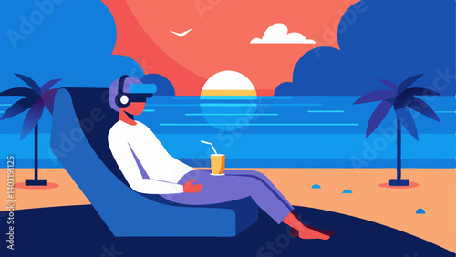 Soothing Ocean Waves A cozy room scene showcasing a patient in VR immersed in a calming virtual beach setting with gentle waves and a sunset emanating relaxation.