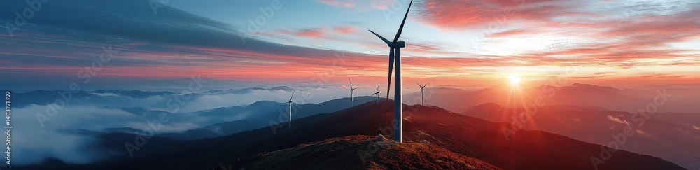 Sunrise over Wind Turbines on Mountain Peaks