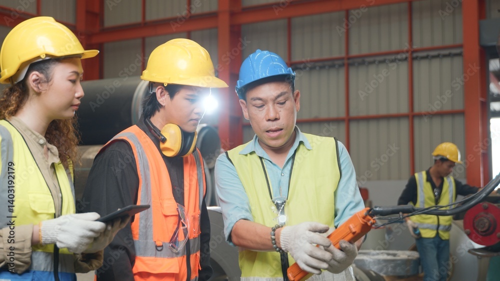 Supervisor senior man training controlling overhead crane with remote new worker in manufacturing, Engineering team use remote control panel for lifting down power trolley crane in factory warehouse Supervisor senior man training controlling overhead crane with remote new worker in manufacturing, Engineering team use remote control panel for lifting down power trolley crane in factory warehouse