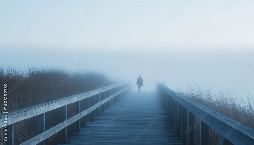 Naklejka premium Misty morning walk on a wooden boardwalk.