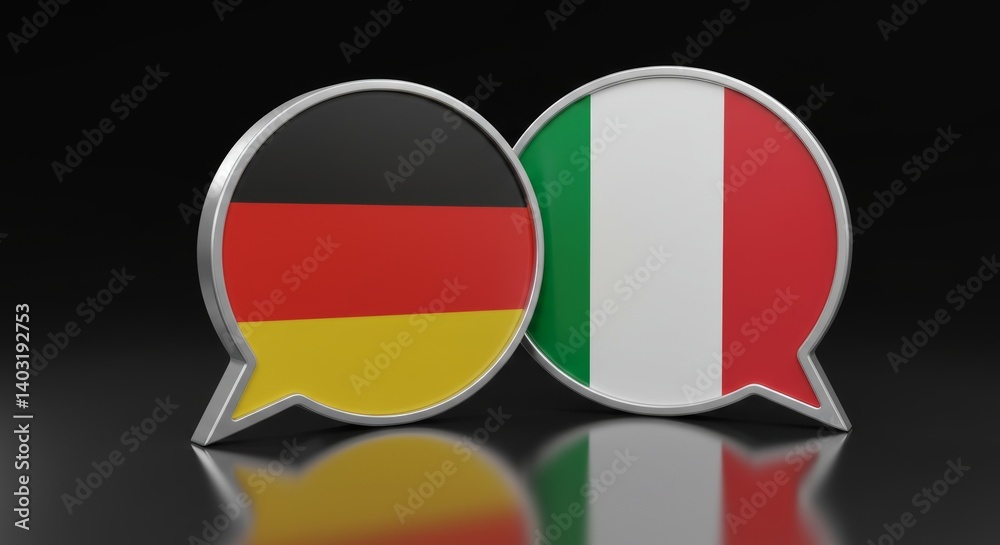 Obraz premium Dialogue and diplomacy Germany and Italy, glossy 3D speech bubbles with flag integration