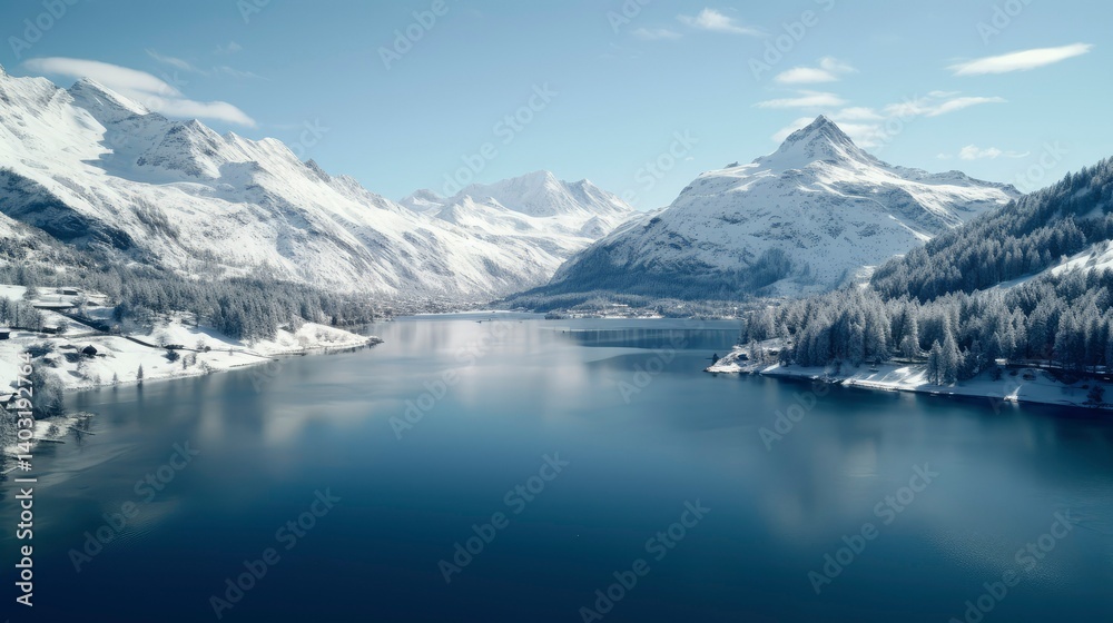 Serene Winter Landscape Snow-Covered Mountains and Crystal-Clear Lake Serene Winter Landscape Snow-Covered Mountains and Crystal-Clear Lake