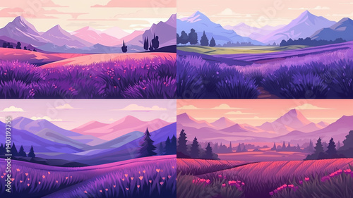 Four vibrant lavender fields nestled amidst mountain ranges.