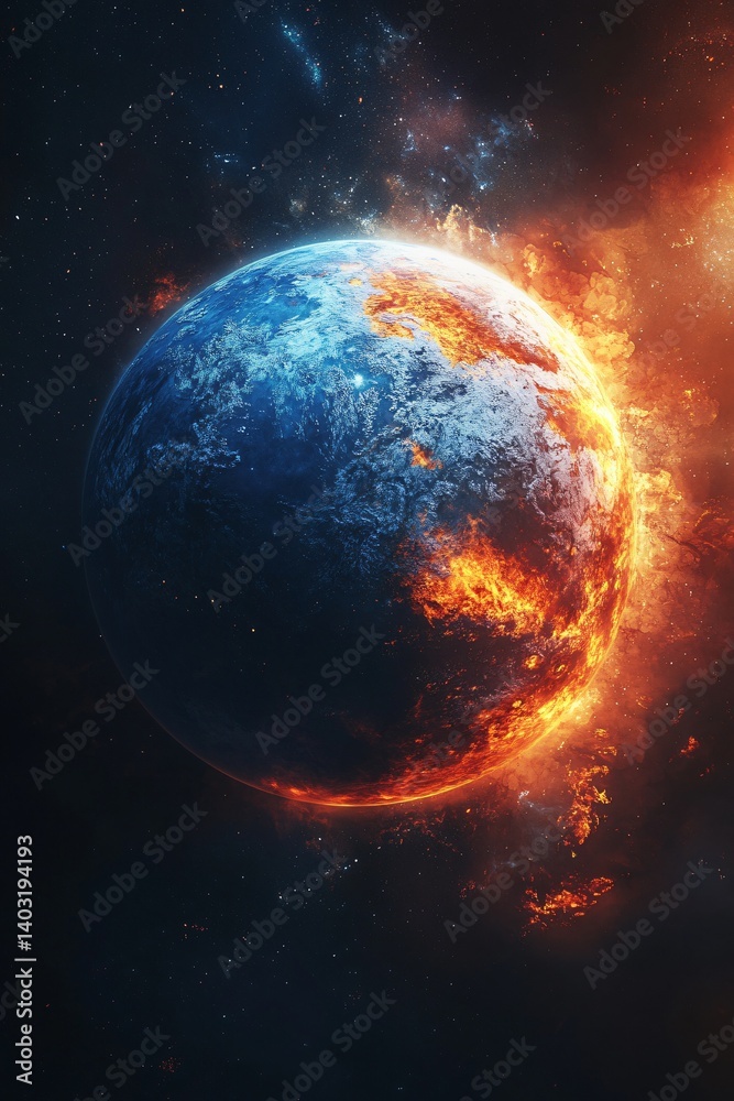 Obraz premium Catastrophic destruction of earth outer space digital art cosmic environment dramatic viewpoint apocalyptic concept for seo impact