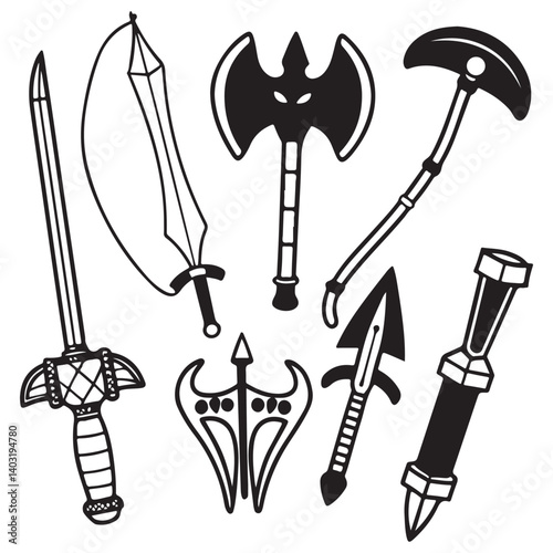 RPG weapon icon set vector illustration, vector fantasy game sword collection, dungeon dragon battle attack object kit: magic sorcerer staff, warrior dagger, medieval bow, arrow, 