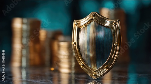 Shielding Wealth Protecting Finances with a Gold Shield and Stacks of Coins
