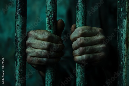 Close-up of prisoner's hands holding the prison bars.