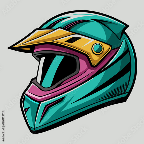 Teal and Pink Motocross Helmet Illustration