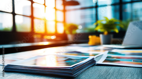 Stacked catalogs on a table, showcasing vibrant print materials for marketing