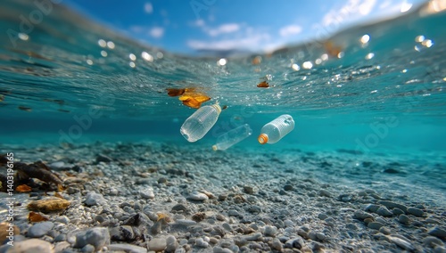 Plastic bottles pollute pristine blue ocean waters; ecological danger illustration