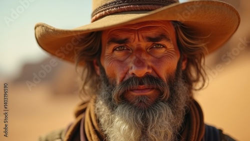 The resolute gaze of the old man in the wilderness