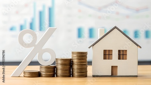 Lower mortgage interest rates mean afable homeownership; this image shows a descending percentage sign next to a house model and stacks of coins illustrating lower costs and
