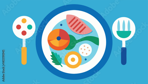 Personalized Nutrition Elements A plate with diverse food items accompanied by a genetic strand graphic suggesting meal plans tailored to individual genetic needs.