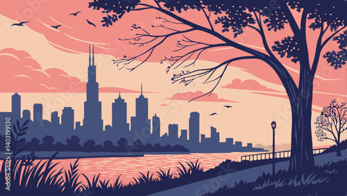 city skyline at sunset