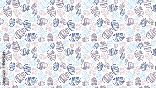 Delicate pastel Easter egg seamless pattern with intricate hand-drawn line work on a white background. Repeating design for spring.